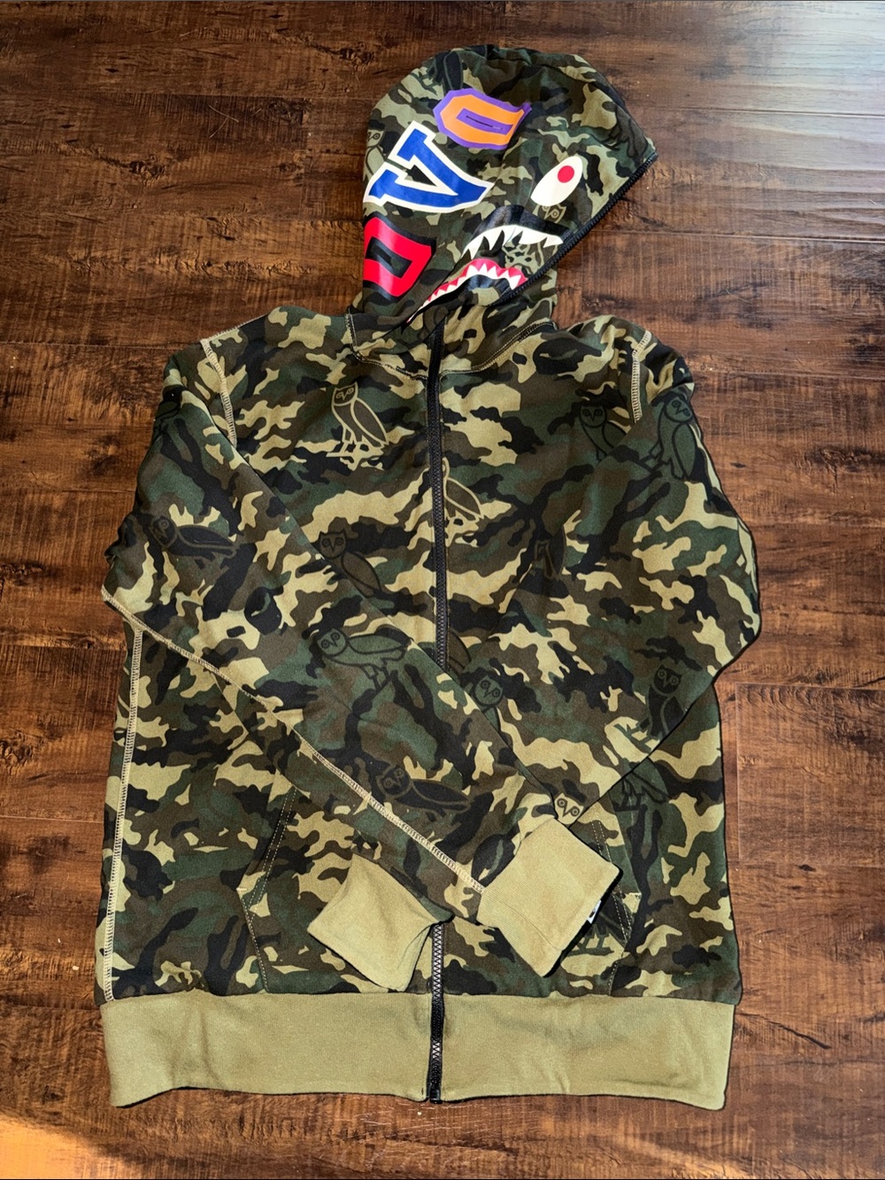 Camo Zip-Up Hoodie with Shark Graphic - Green